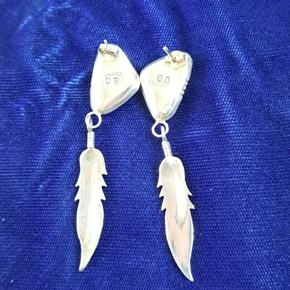 Vintage Native American Turquoise Sterling Silver Feather Earrings Signed - Picture 15 of 15
